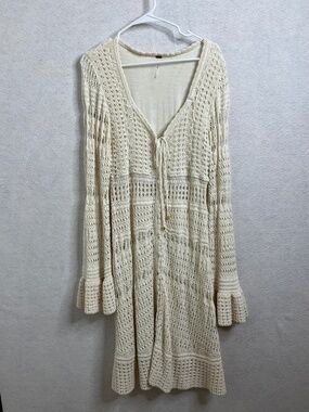 Free People Cream Crochet Knit Cardigan Boho Long Sleeve Open Knit Duster Size L